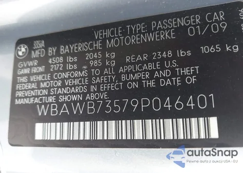 2009 BMW 335I from USA, damaged, VIN WBAWB73579P046401